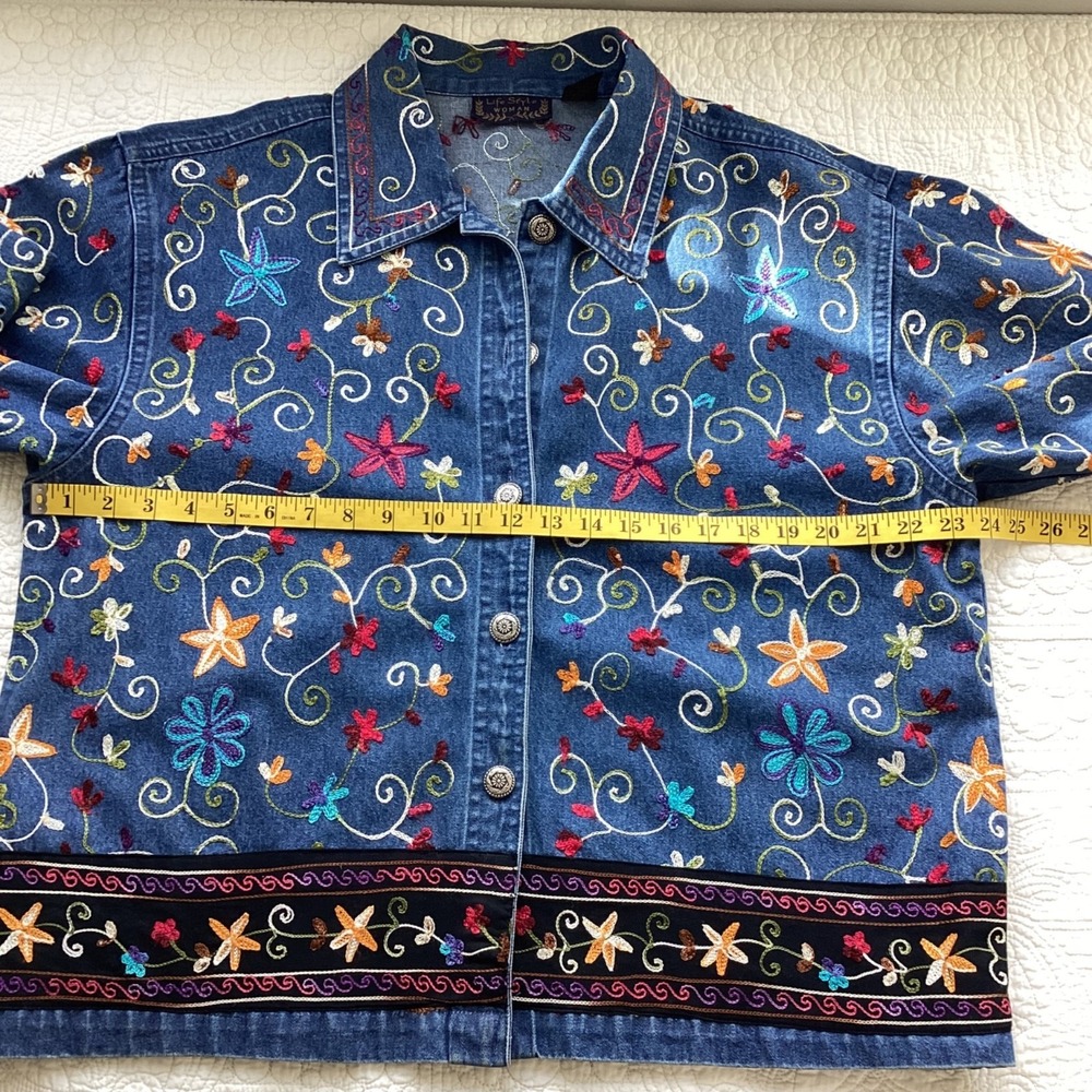 Denim Embroidered Flowers Jean Shirt Jacket Womens Size 1X Button Up Multicolor - Picture 9 of 14
